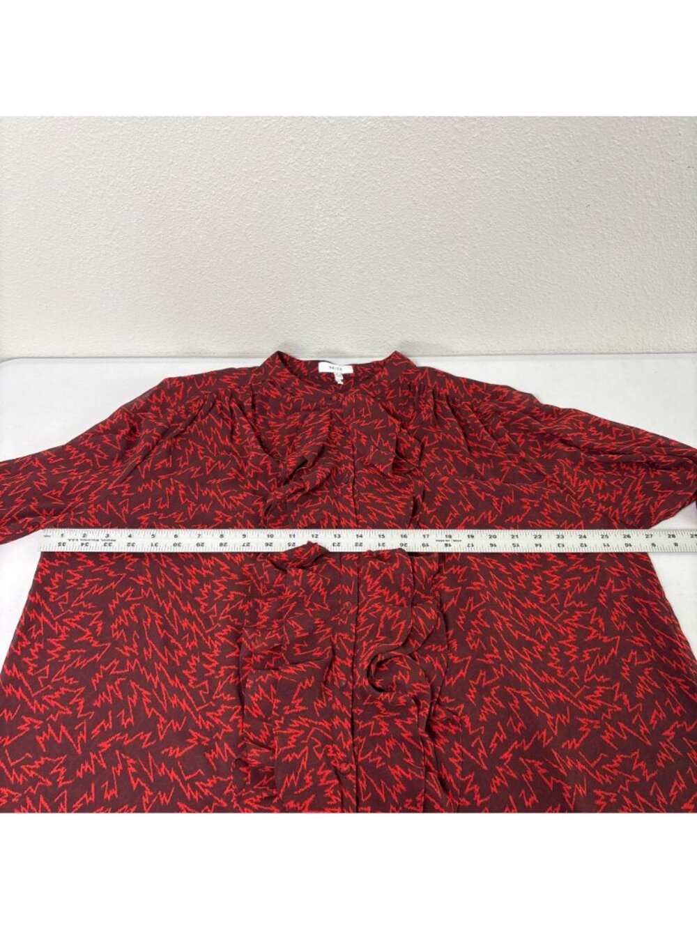 Reiss Pippa Ruffled Zig Zag Printed Blouse Womens 12 Red Semi-Sheer Top - Picture 9 of 12